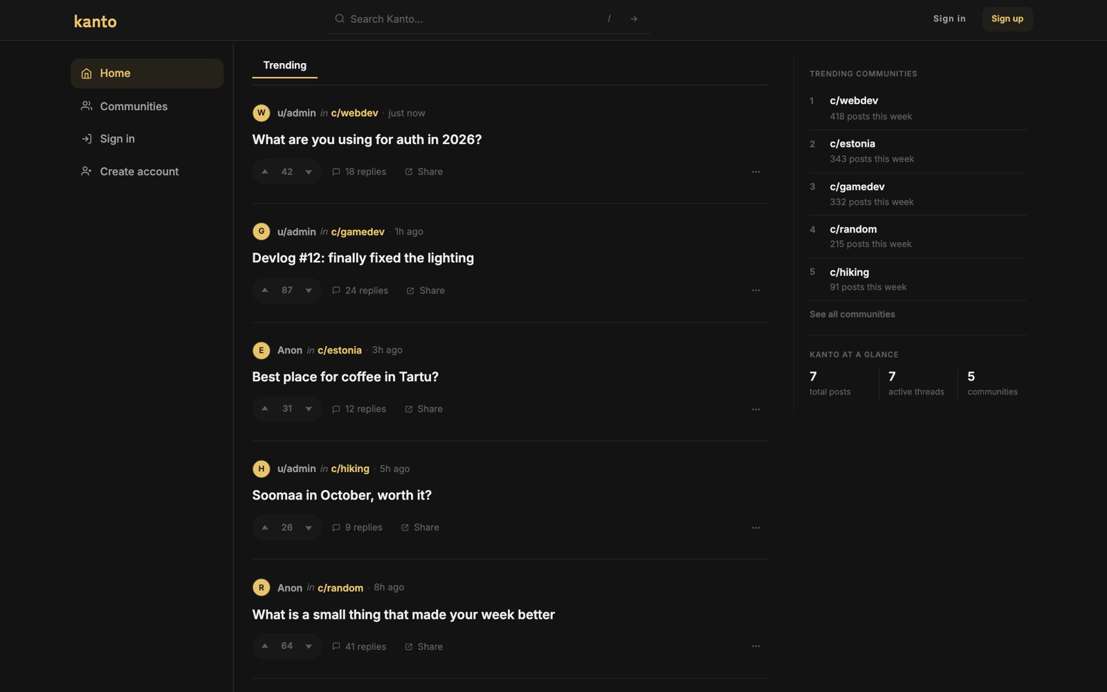 Kanto's trending feed with threads from different communities, running locally with sample posts