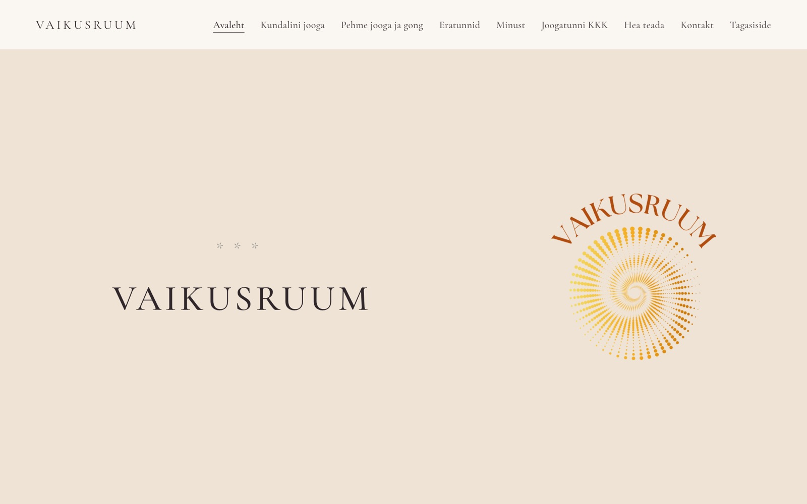 The Vaikusruum homepage, with the name in a serif and the sun-like logo